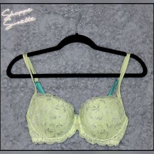 VS PINK 2013 Electric Neon Yellow Metallic Lace Lined Demi Underwire Bra 34D